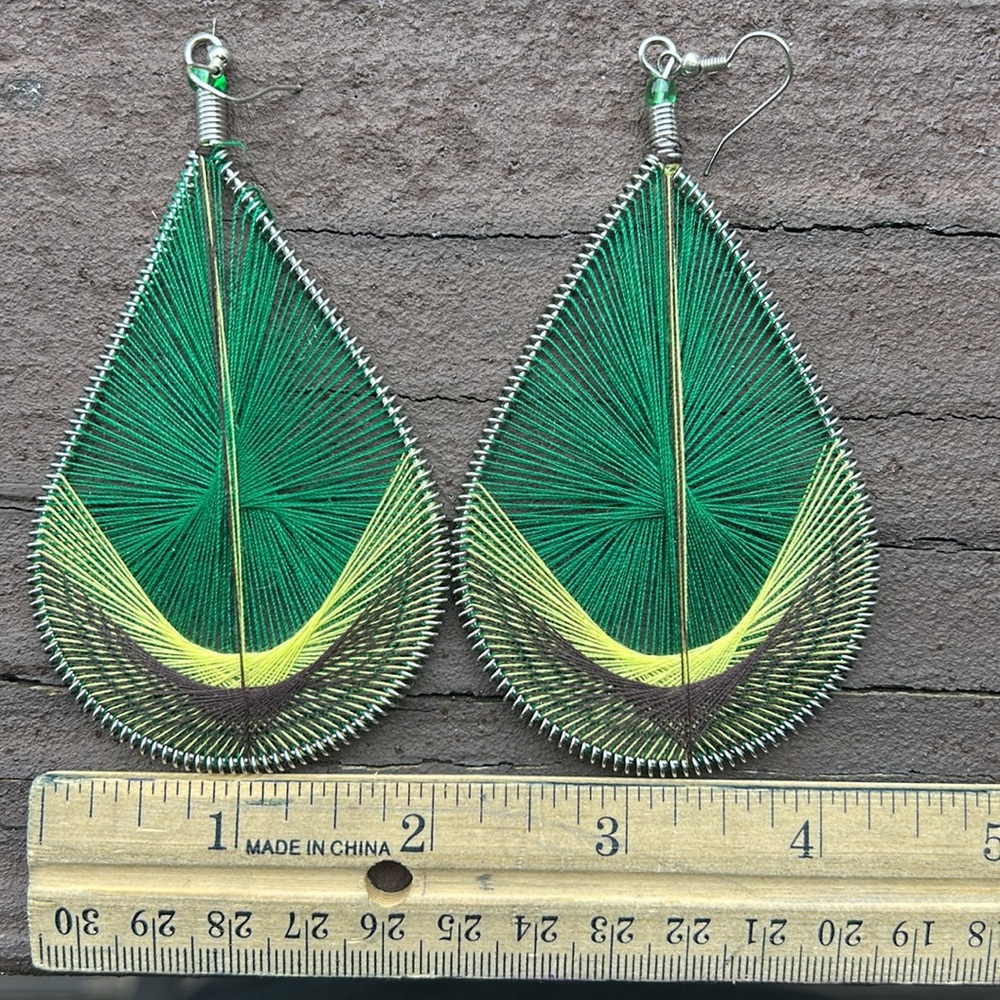 Large Beautiful Unique Green Yellow Earrings - Picture 4 of 7